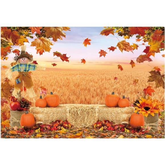 7X5FT Fall Backdrop Autumn Pumpkin Harvest Thanksgiving Hay Maple Leaves Yellow - Picture 1 of 5